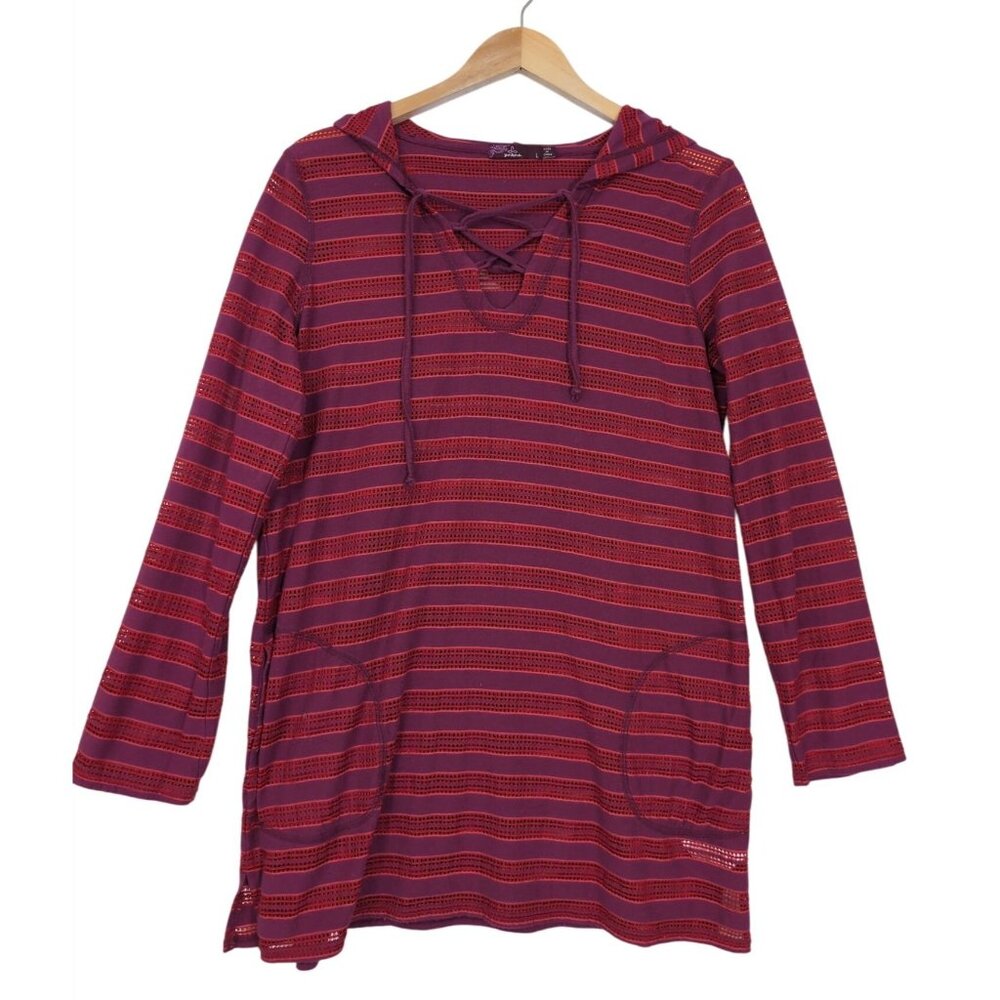 Prana Alexia Tunic Swim‎ Cover Up Women L Red Purple Hood Long Sleeve Beach Vaca